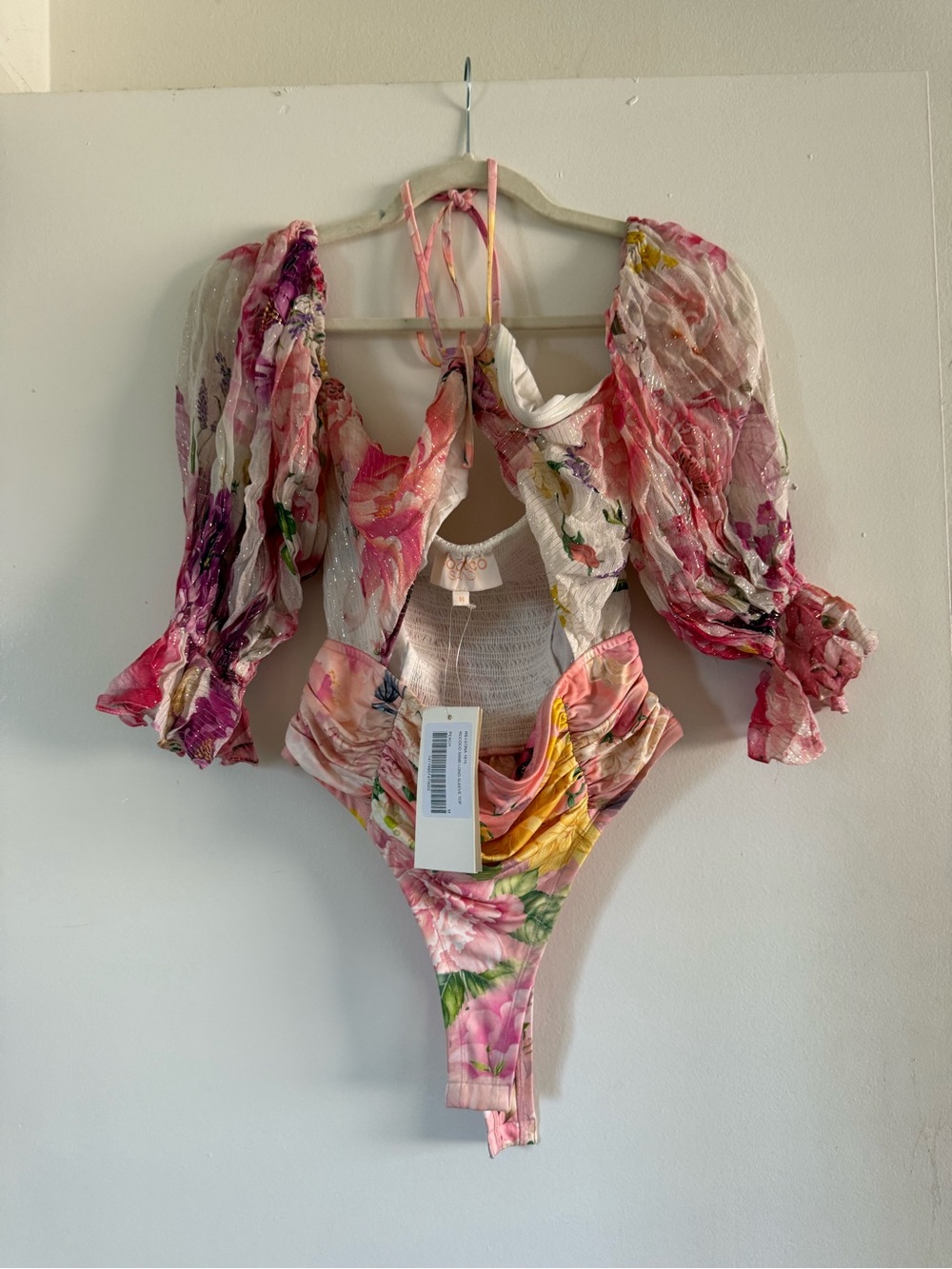 Rococo Sand Floral Puff-Sleeve Bandeau Bodysuit - Pink, Purple, Yellow